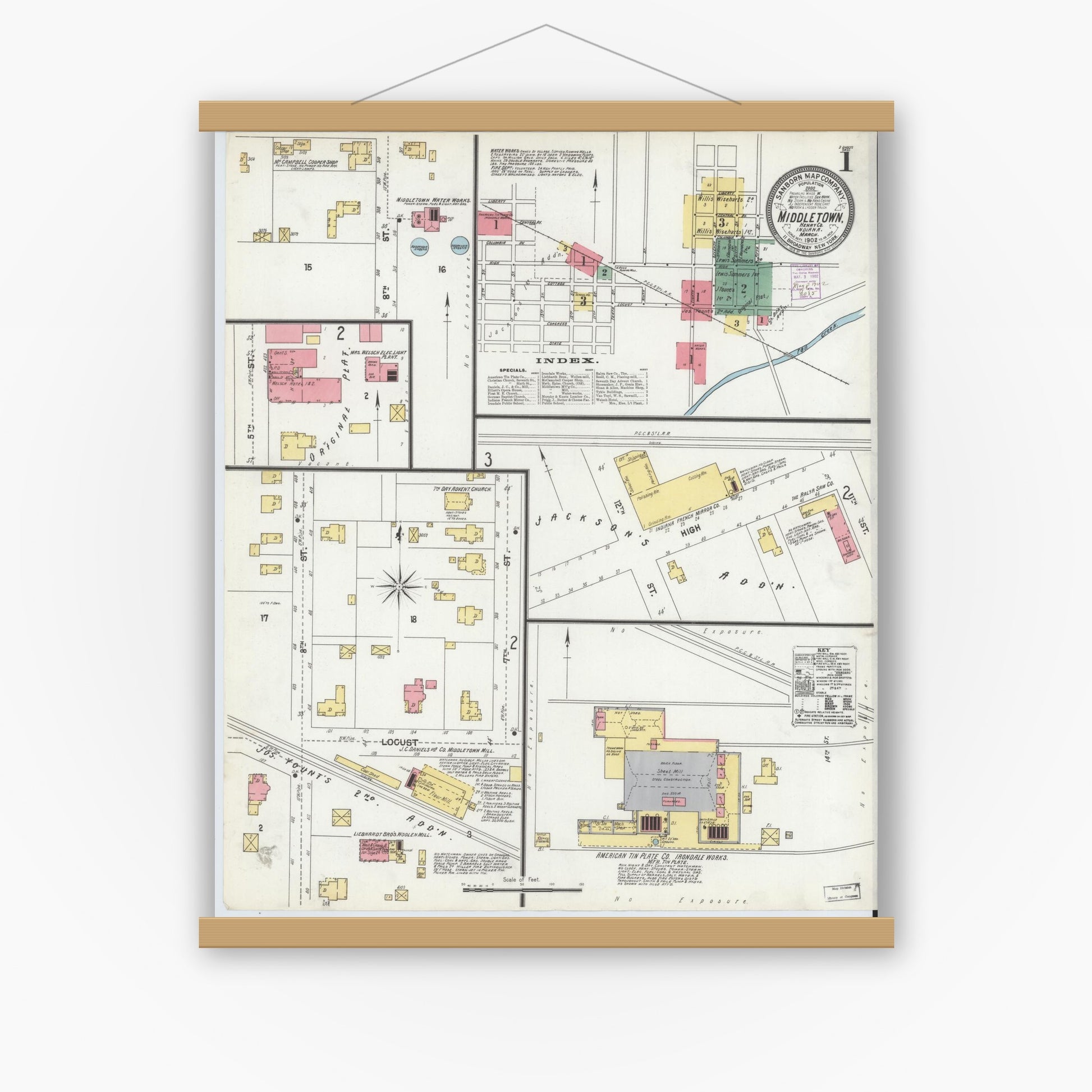Old map wall art mockup — magnetic wood frame on white wall — Sanborn Fire Insurance Map from Middletown, Henry County, Indiana (1902) - Complete Map Set