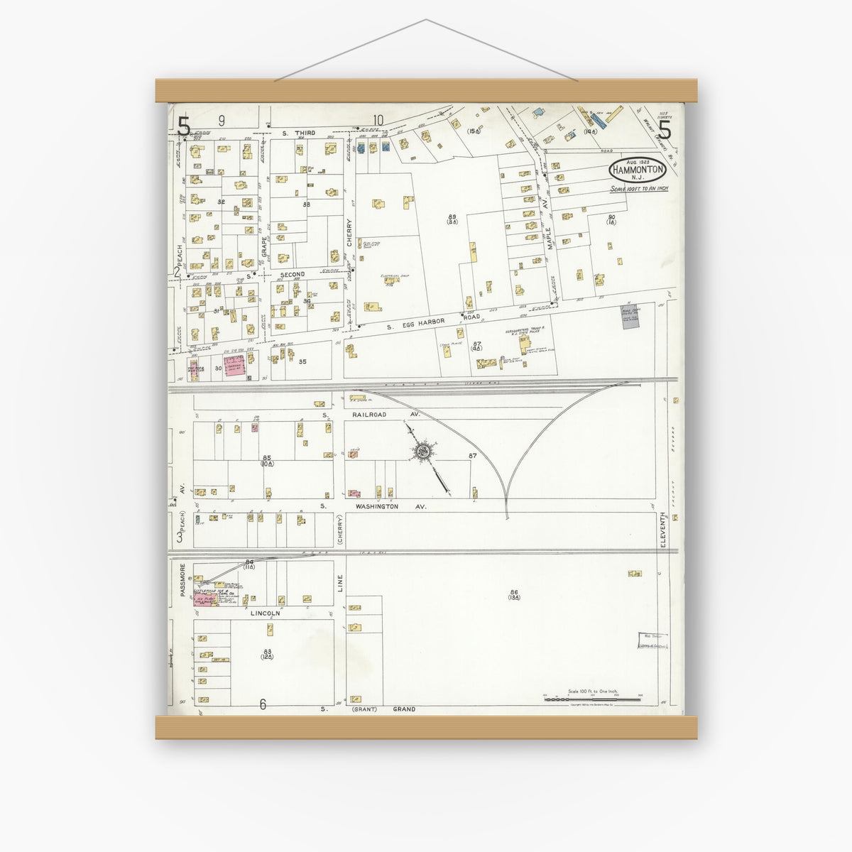 Old map wall art mockup — magnetic wood frame on white wall — Sanborn Fire Insurance Map from Hammonton, Atlantic County, New Jersey (1923), Sheet #0005