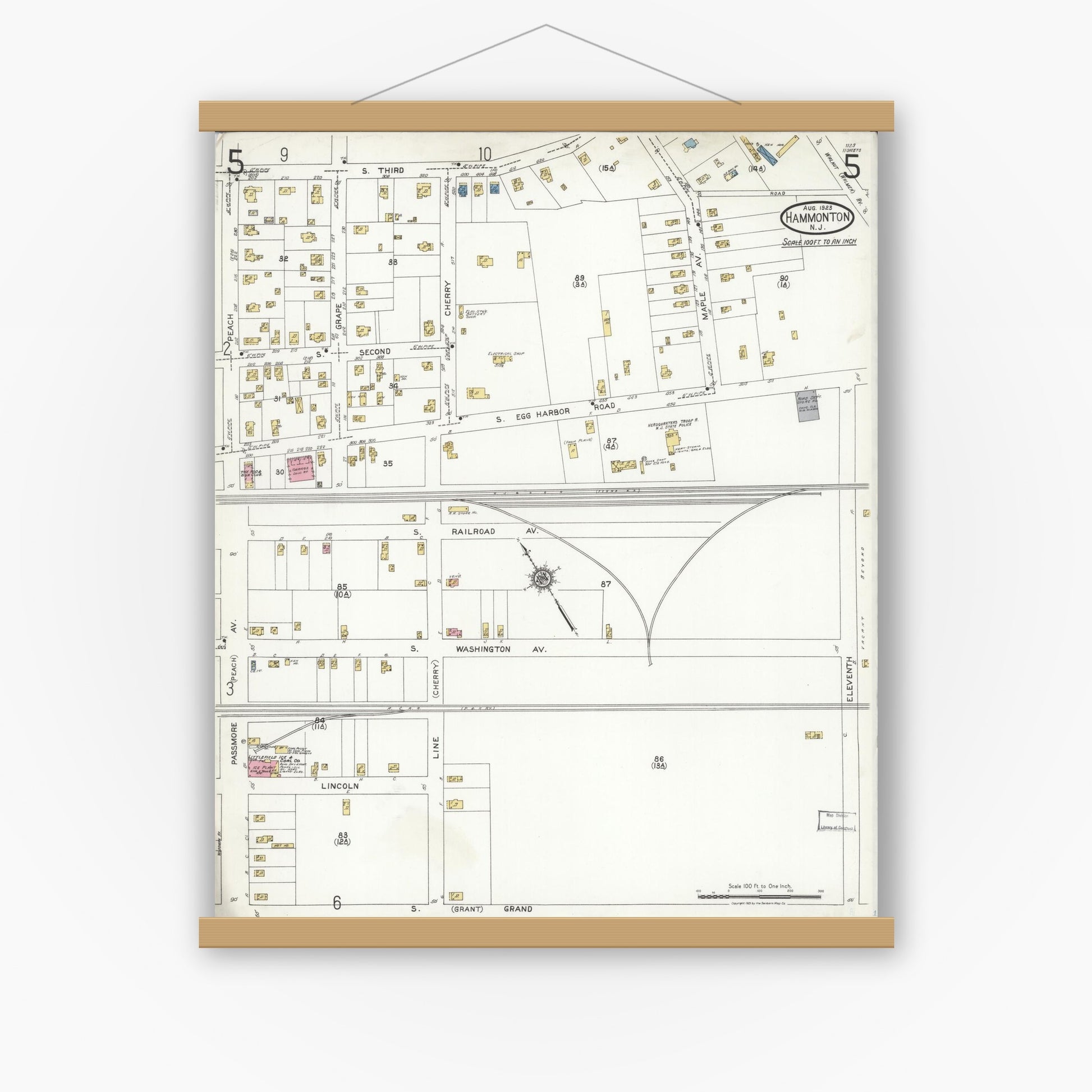 Old map wall art mockup — magnetic wood frame on white wall — Sanborn Fire Insurance Map from Hammonton, Atlantic County, New Jersey (1923), Sheet #0005