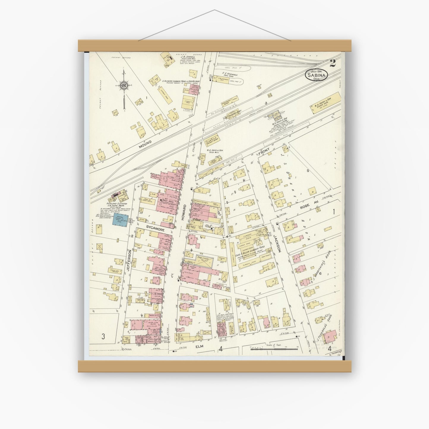 Old map wall art mockup — magnetic wood frame on white wall — Sanborn Fire Insurance Map from Sabina, Clinton County, Ohio (1914), Sheet #0002