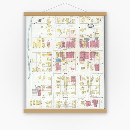 Old map wall art mockup — magnetic wood frame on white wall — Sanborn Fire Insurance Map from Warren, Huntington County, Indiana (1919), Sheet #0004