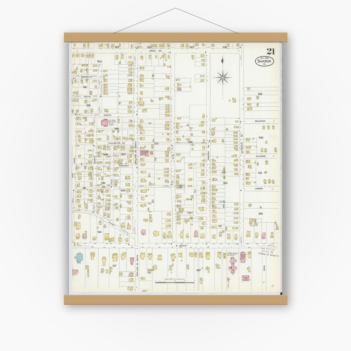 Old map wall art mockup — magnetic wood frame on white wall — Sanborn Fire Insurance Map from Sharon, Mercer County, Pennsylvania (1908), Sheet #0021