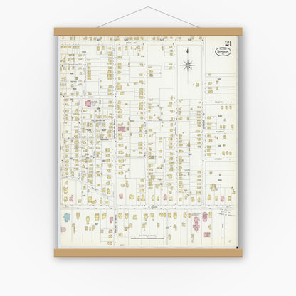 Old map wall art mockup — magnetic wood frame on white wall — Sanborn Fire Insurance Map from Sharon, Mercer County, Pennsylvania (1908), Sheet #0021