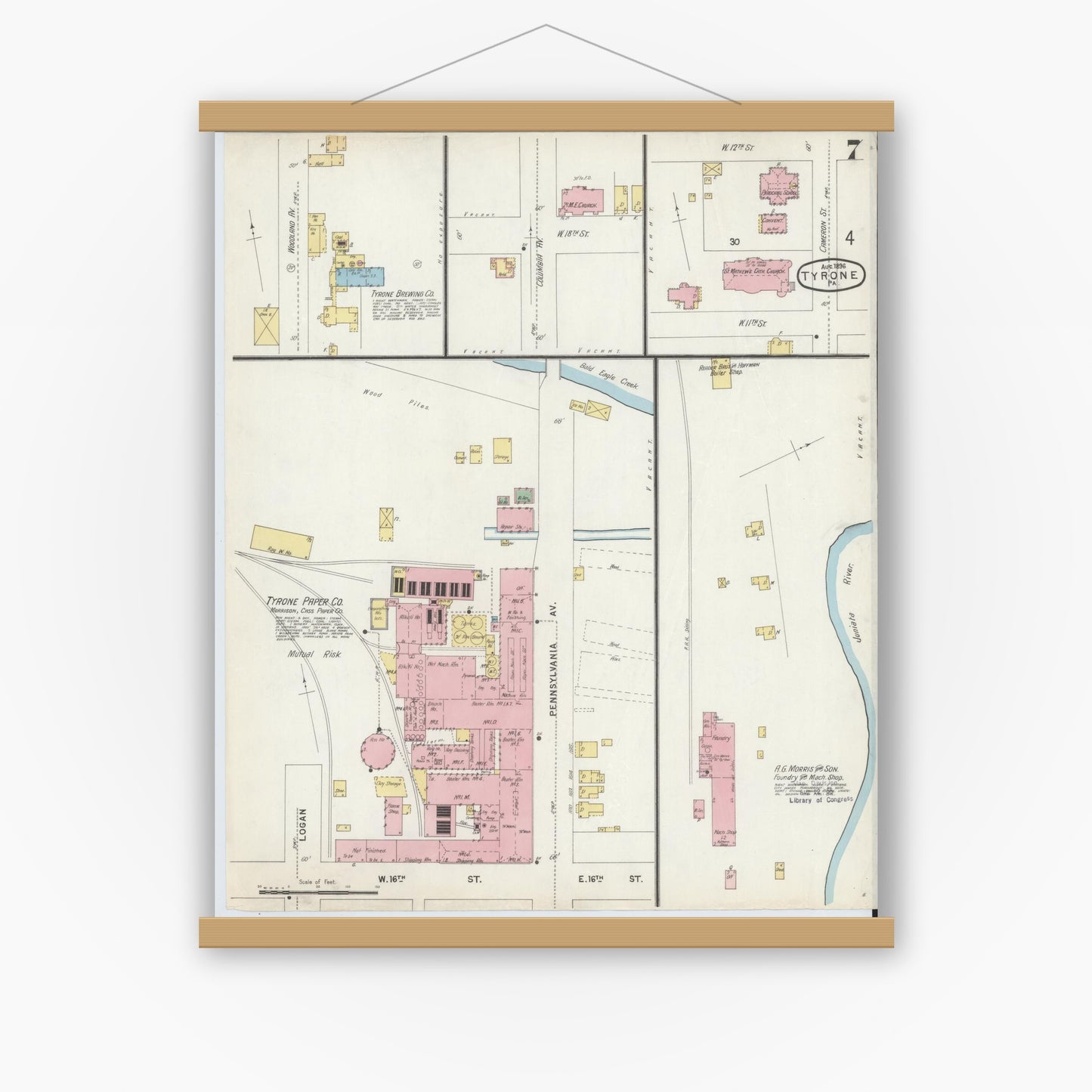 Old map wall art mockup — magnetic wood frame on white wall — Sanborn Fire Insurance Map from Tyrone, Blair County, Pennsylvania (1896), Sheet #0007