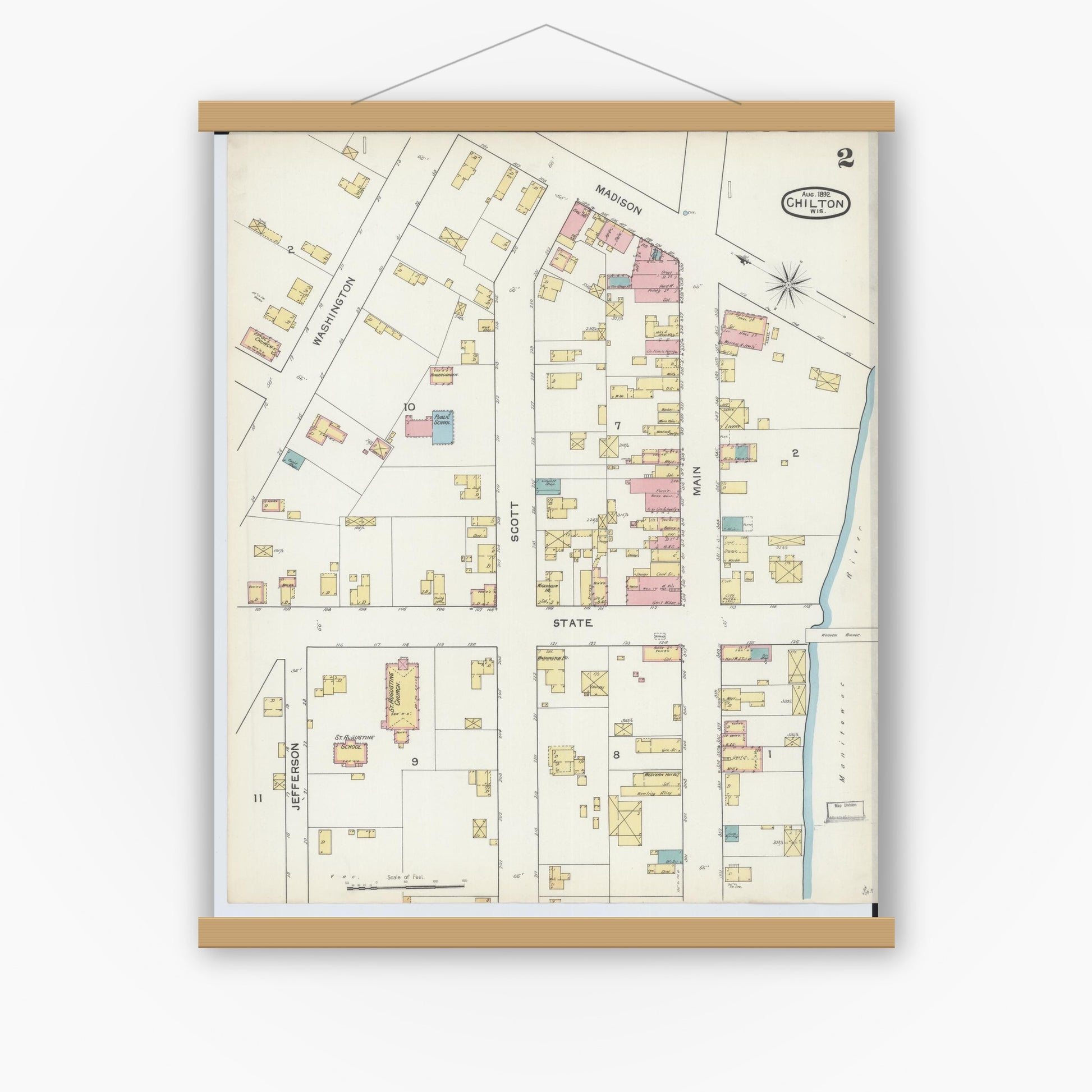 Old map wall art mockup — magnetic wood frame on white wall — Sanborn Fire Insurance Map from Chilton, Calumet County, Wisconsin (1892), Sheet #0002
