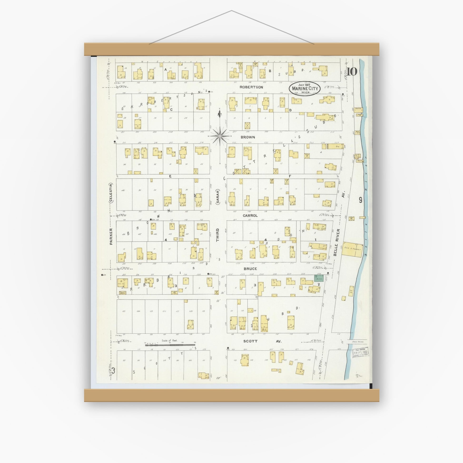 Old map wall art mockup — magnetic wood frame on white wall — Sanborn Fire Insurance Map from Marine City, Saint Clair County, Michigan (1907), Sheet #0010