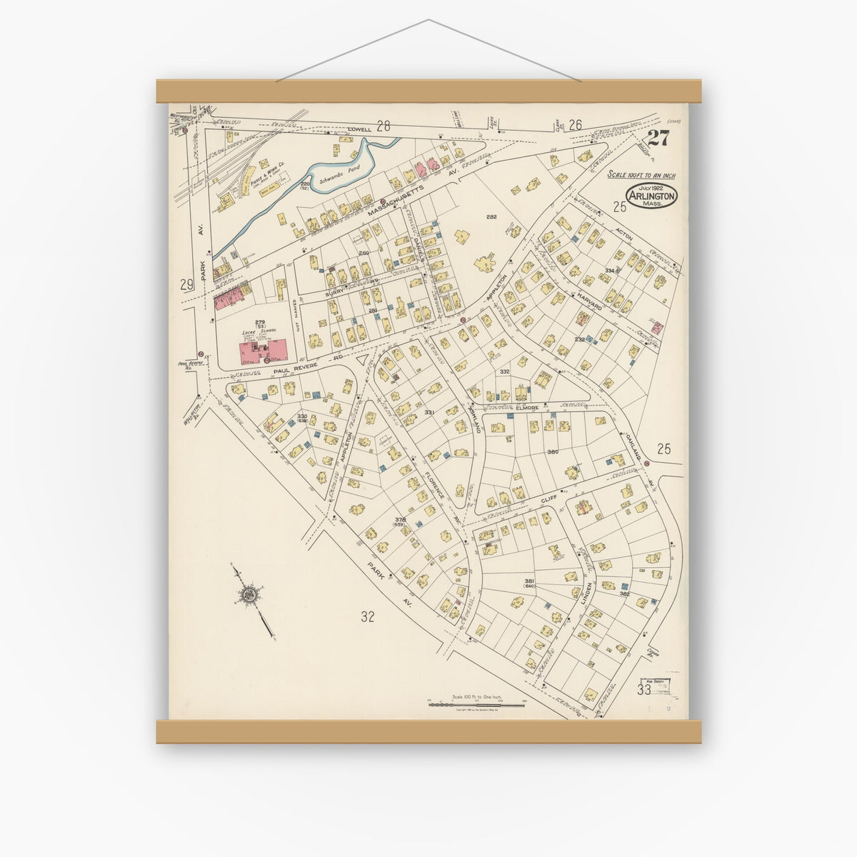 Old map wall art mockup — magnetic wood frame on white wall — Sanborn Fire Insurance Map from Arlington, Middlesex County, Massachusetts (1922), Sheet #0027