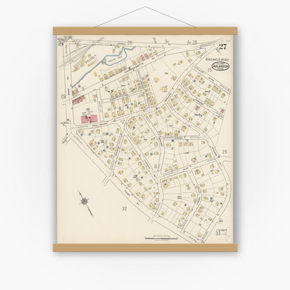 Old map wall art mockup — magnetic wood frame on white wall — Sanborn Fire Insurance Map from Arlington, Middlesex County, Massachusetts (1922), Sheet #0027