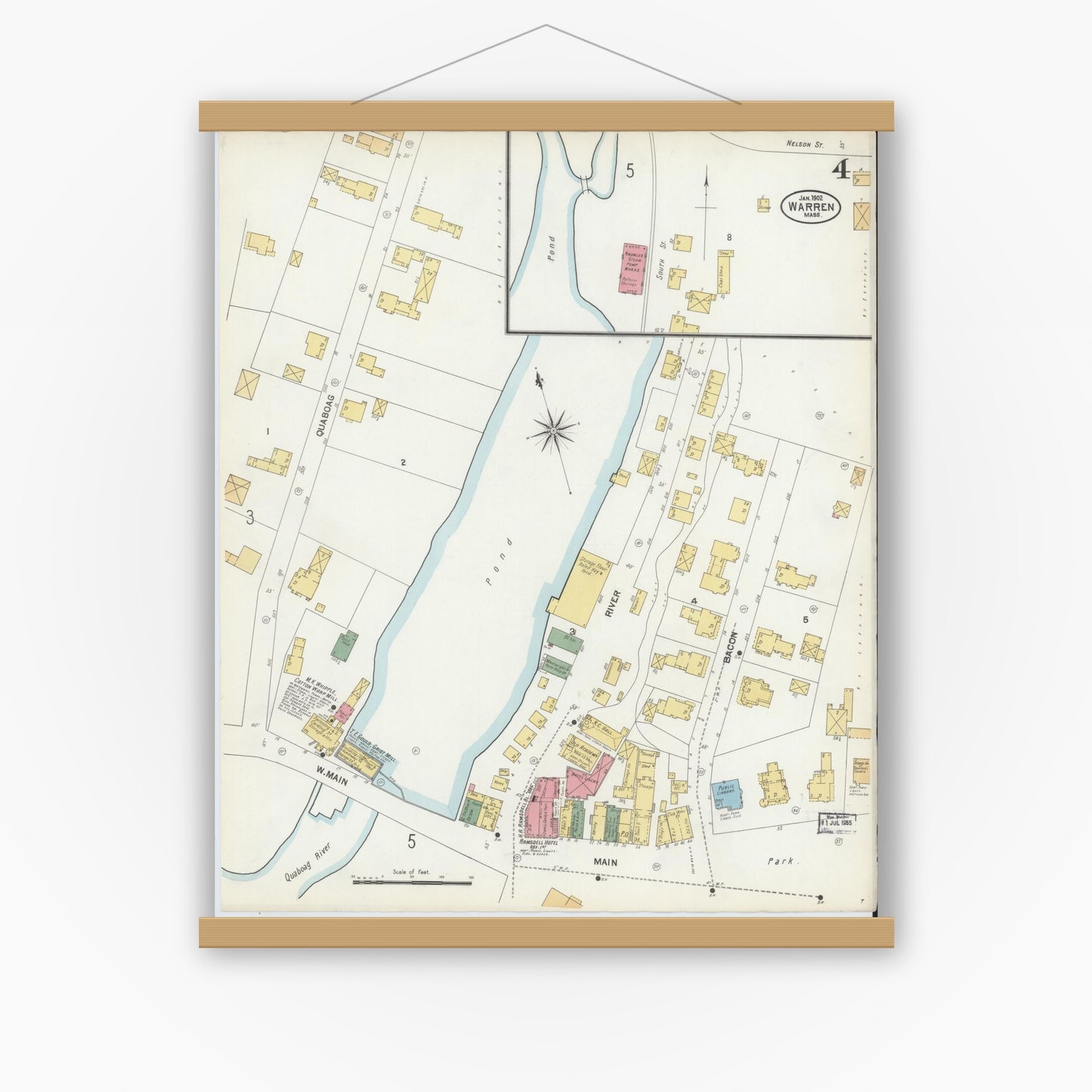 Old map wall art mockup — magnetic wood frame on white wall — Sanborn Fire Insurance Map from Warren, Worcester County, Massachusetts (1902), Sheet #0004
