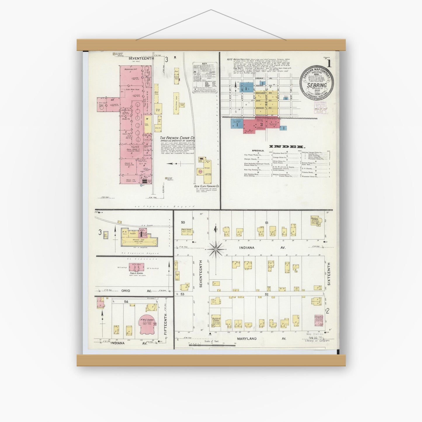 Old map wall art mockup — magnetic wood frame on white wall — Sanborn Fire Insurance Map from Sebring, Mahoning County, Ohio (1908), Sheet #0001