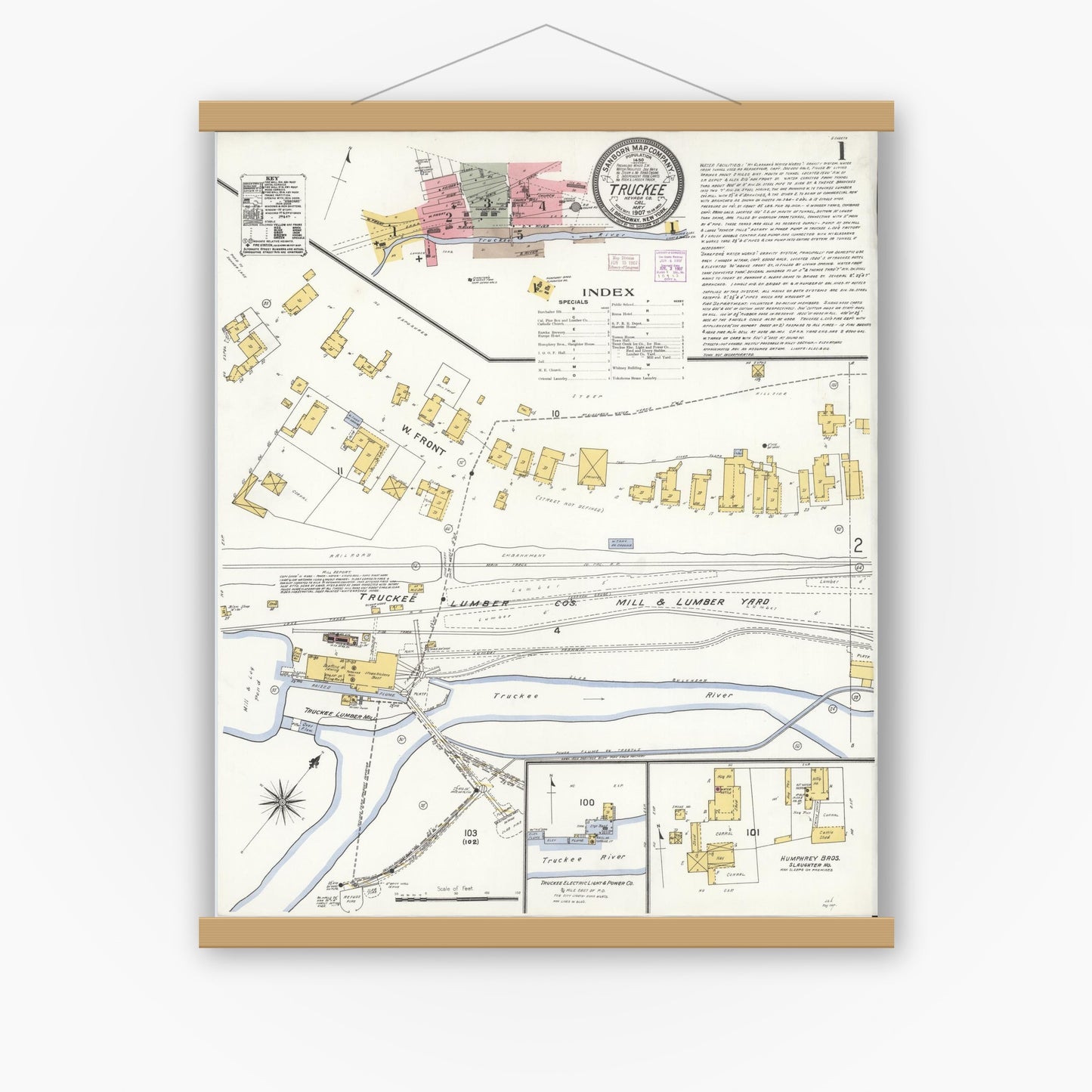 Old map wall art mockup — magnetic wood frame on white wall — Sanborn Fire Insurance Map from Truckee, Nevada County, California (1907) - Complete Map Set