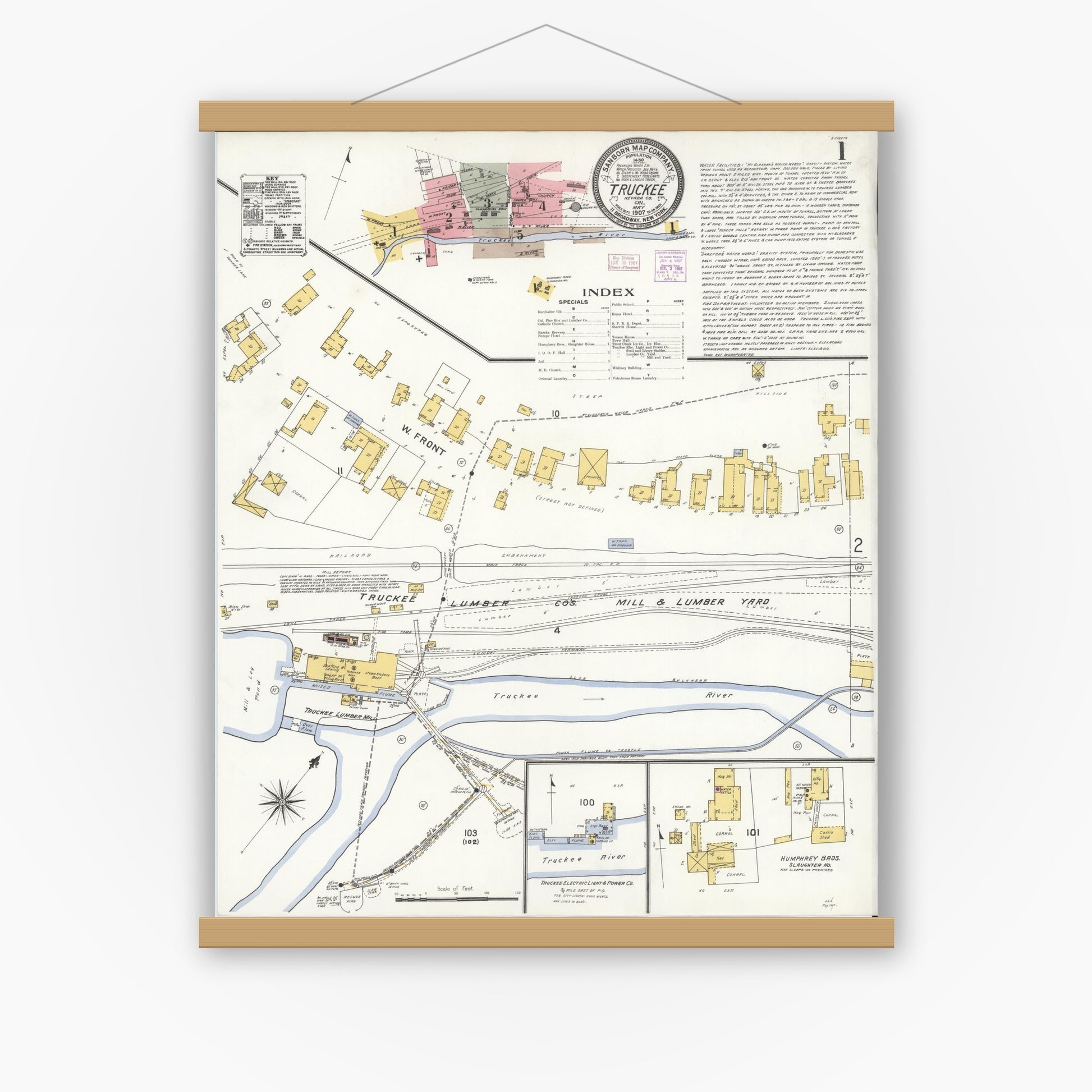 Old map wall art mockup — magnetic wood frame on white wall — Sanborn Fire Insurance Map from Truckee, Nevada County, California (1907) - Complete Map Set