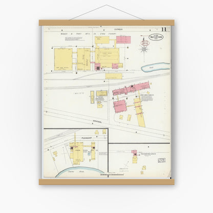 Old map wall art mockup — magnetic wood frame on white wall — Sanborn Fire Insurance Map from Watertown, Middlesex County, Massachusetts (1899), Sheet #0011