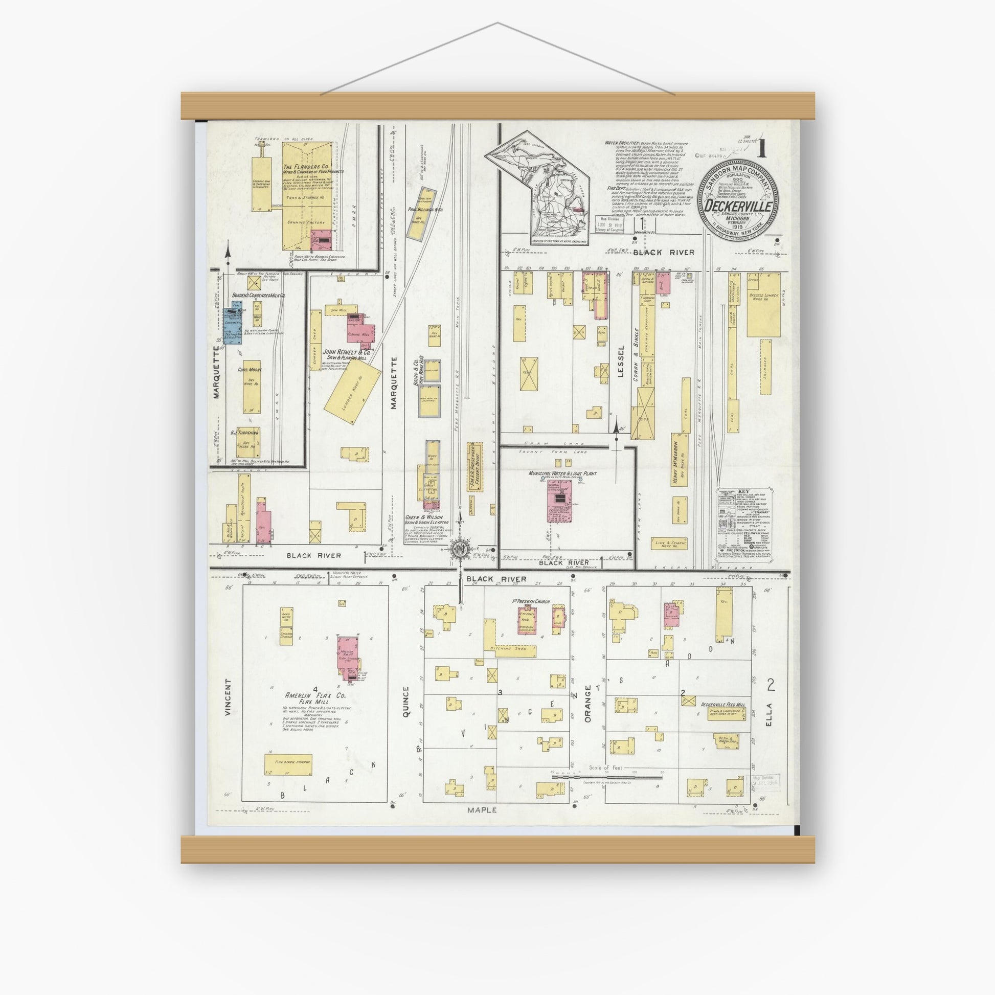 Old map wall art mockup — magnetic wood frame on white wall — Sanborn Fire Insurance Map from Deckerville, Sanilac County, Michigan (1919), Sheet #0001