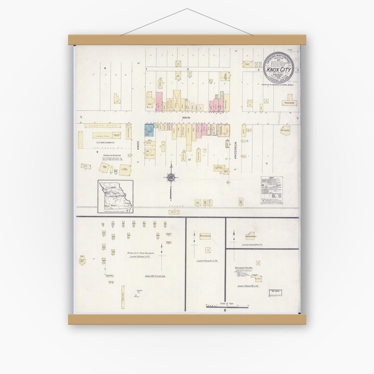 Old map wall art mockup — magnetic wood frame on white wall — Sanborn Fire Insurance Map from Knox City, Knox County, Missouri (1912), Sheet #0001