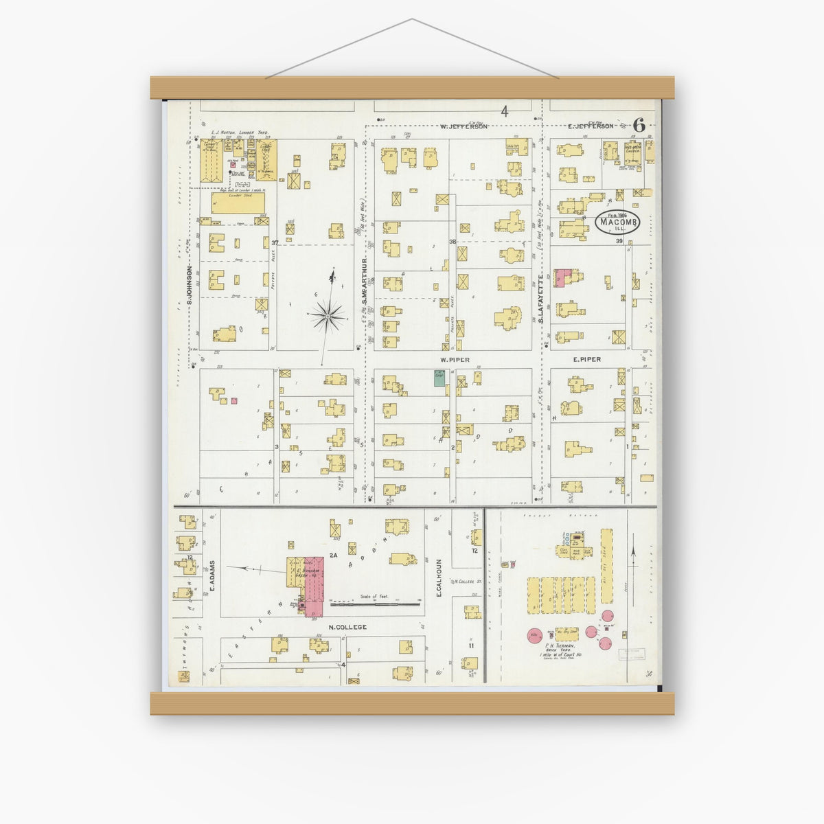 Old map wall art mockup — magnetic wood frame on white wall — Sanborn Fire Insurance Map from Macomb, Mcdonough County, Illinois (1906), Sheet #0006
