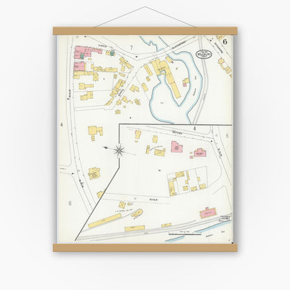 Old map wall art mockup — magnetic wood frame on white wall — Sanborn Fire Insurance Map from Millbury, Worcester County, Massachusetts (1904), Sheet #0006