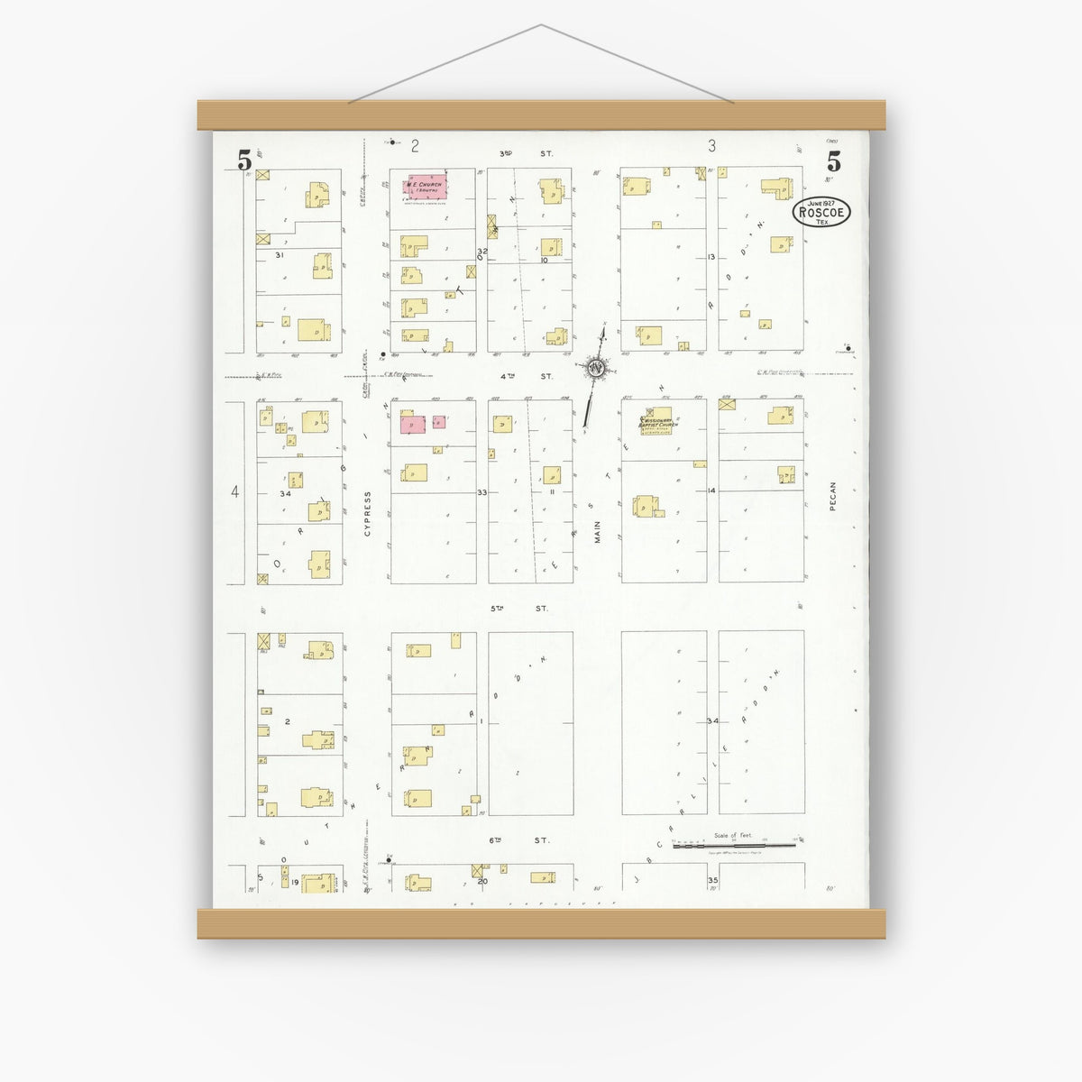 Old map wall art mockup — magnetic wood frame on white wall — Sanborn Fire Insurance Map from Roscoe, Nolan County, Texas (1927), Sheet #0005