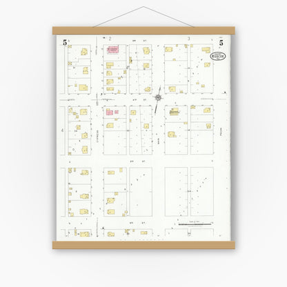 Old map wall art mockup — magnetic wood frame on white wall — Sanborn Fire Insurance Map from Roscoe, Nolan County, Texas (1927), Sheet #0005