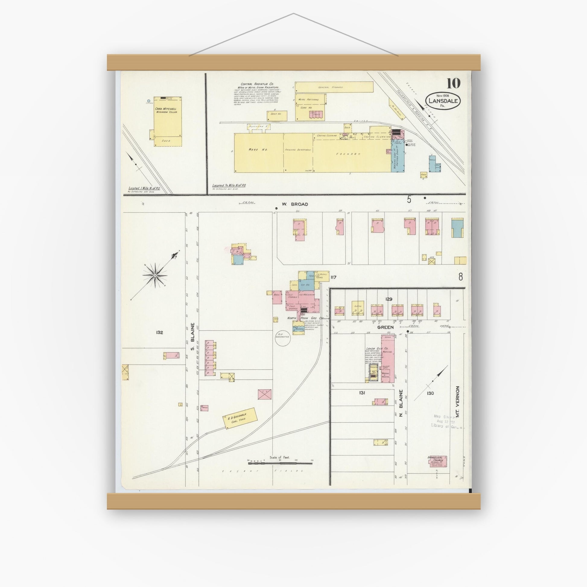 Old map wall art mockup — magnetic wood frame on white wall — Sanborn Fire Insurance Map from Lansdale, Montgomery County, Pennsylvania (1912), Sheet #0010