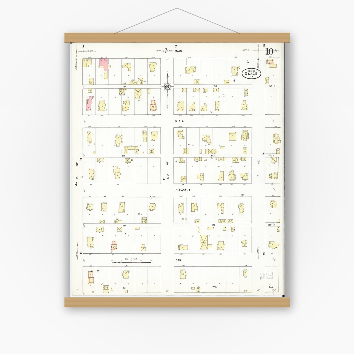 Old map wall art mockup — magnetic wood frame on white wall — Sanborn Fire Insurance Map from Osage, Mitchell County, Iowa (1911), Sheet #0010