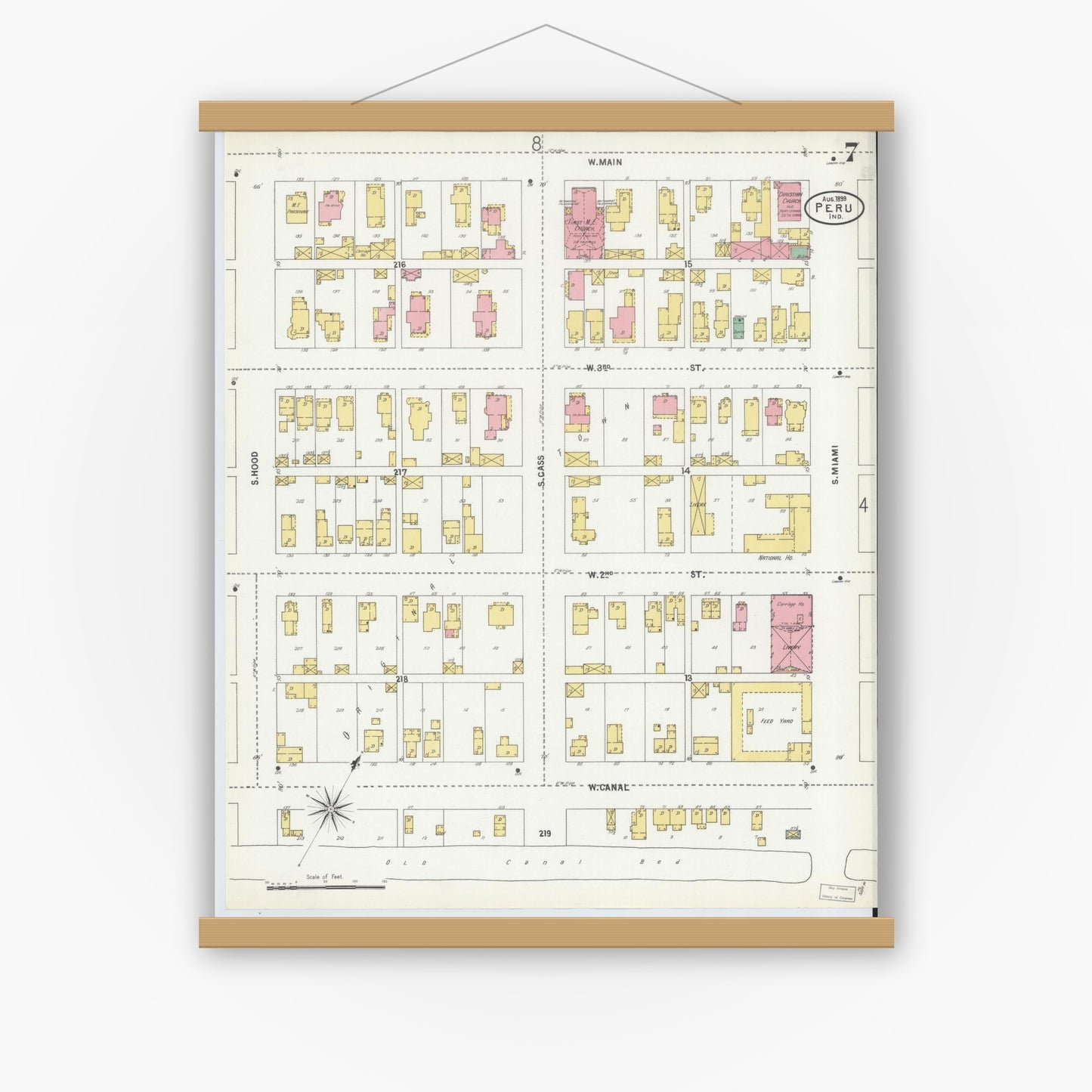 Old map wall art mockup — magnetic wood frame on white wall — Sanborn Fire Insurance Map from Peru, Miami County, Indiana (1899), Sheet #0007