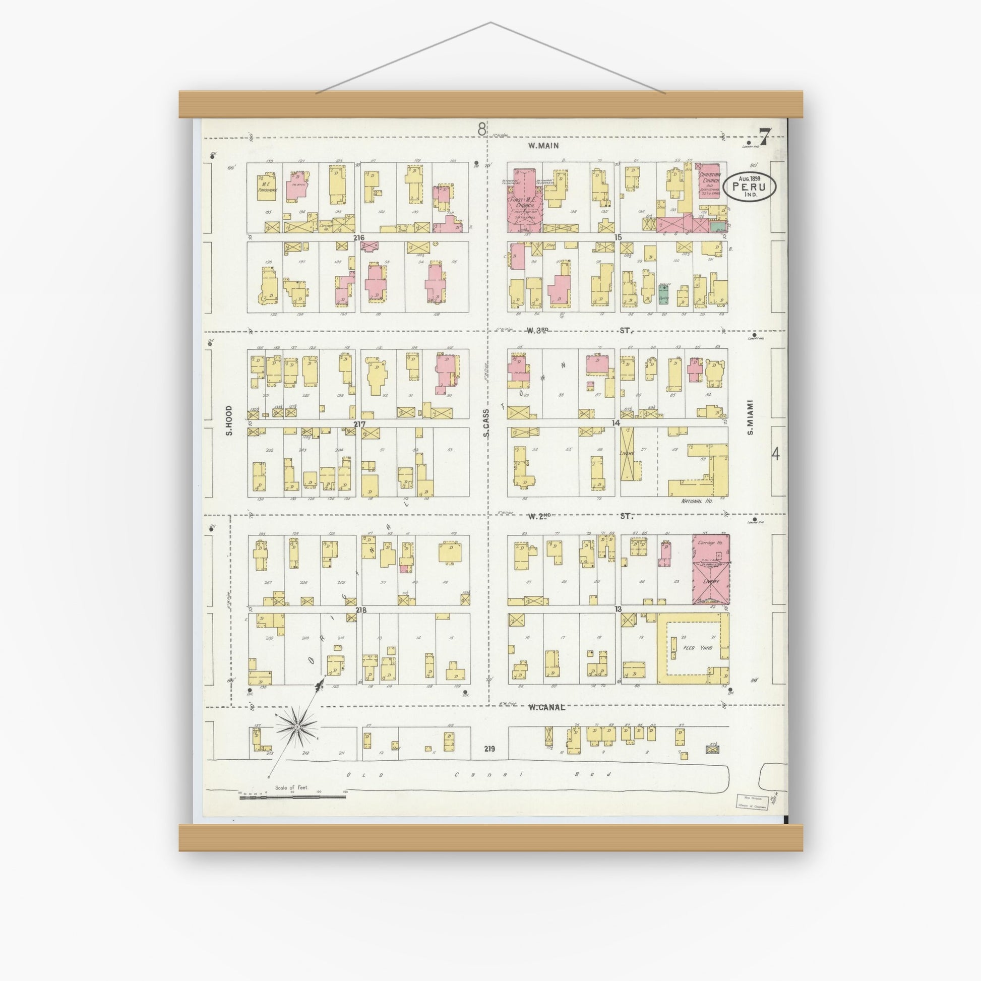Old map wall art mockup — magnetic wood frame on white wall — Sanborn Fire Insurance Map from Peru, Miami County, Indiana (1899), Sheet #0007