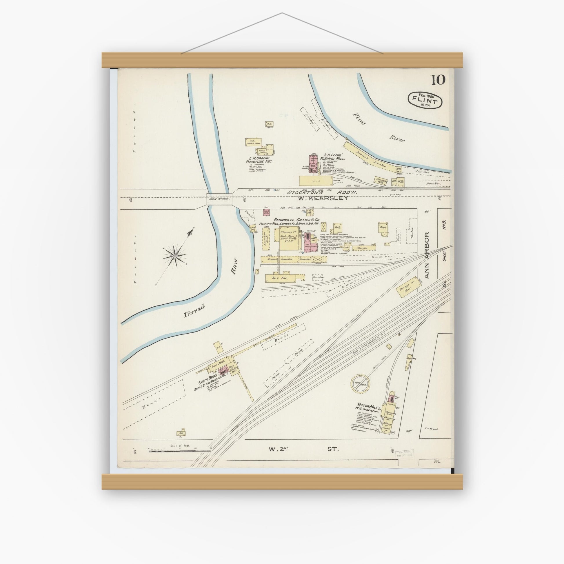 Old map wall art mockup — magnetic wood frame on white wall — Sanborn Fire Insurance Map from Flint, Genesee County, Michigan (1886), Sheet #0010