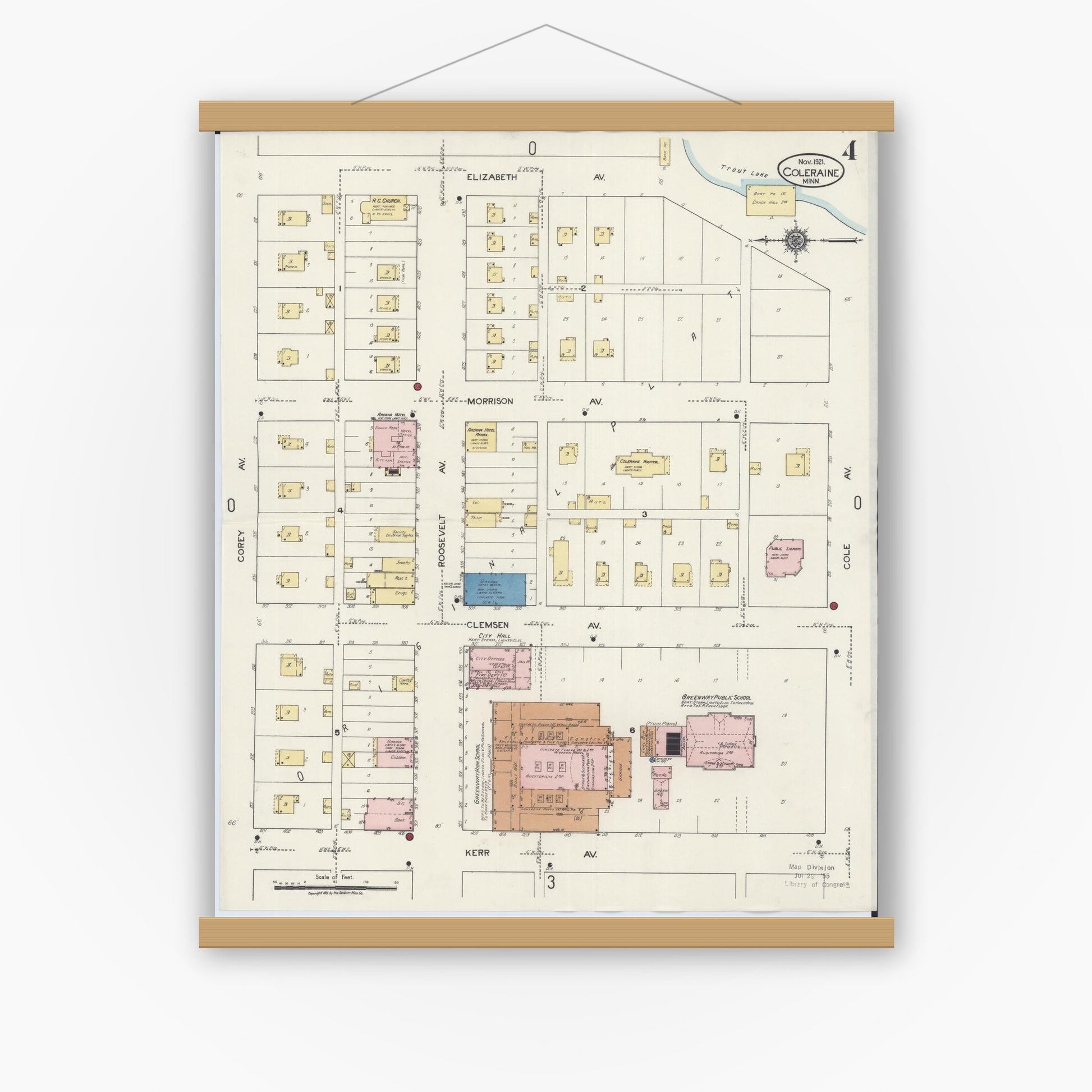 Old map wall art mockup — magnetic wood frame on white wall — Sanborn Fire Insurance Map from Coleraine, Itasca County, Minnesota (1921), Sheet #0004