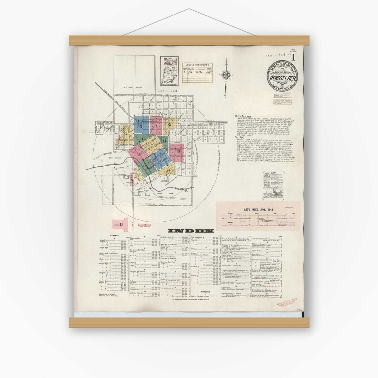 Old map wall art mockup — magnetic wood frame on white wall — Sanborn Fire Insurance Map from Rensselaer, Jasper County, Indiana (1942) - Complete Map Set