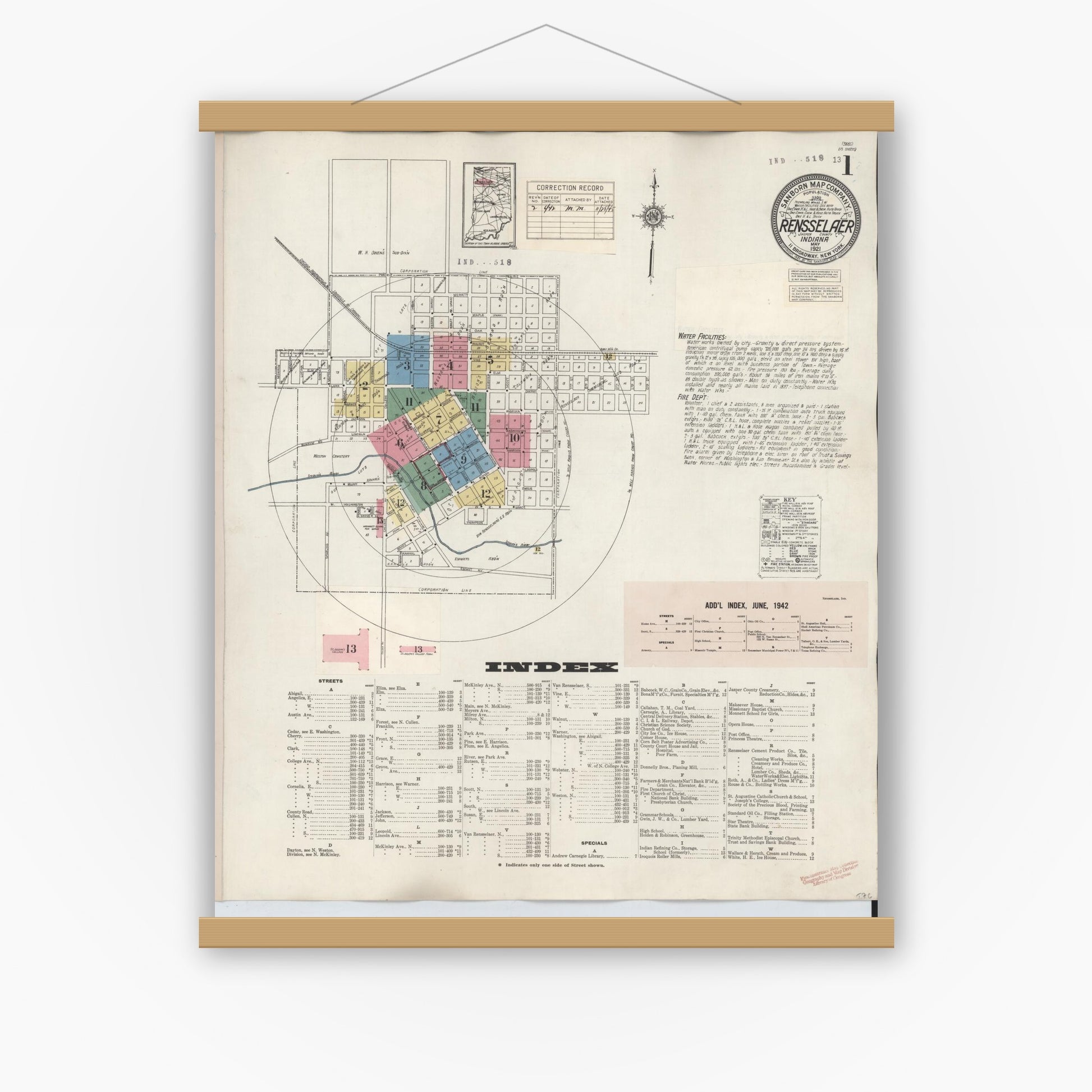 Old map wall art mockup — magnetic wood frame on white wall — Sanborn Fire Insurance Map from Rensselaer, Jasper County, Indiana (1942) - Complete Map Set