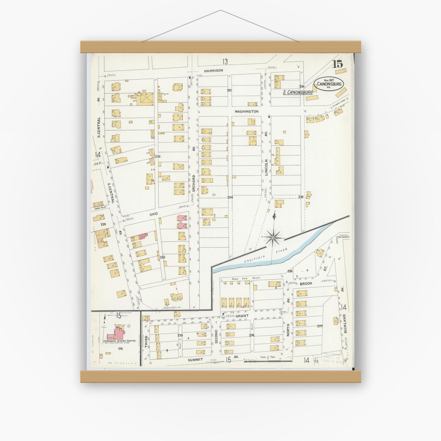 Old map wall art mockup — magnetic wood frame on white wall — Sanborn Fire Insurance Map from Canonsburg, Washington County, Pennsylvania (1907), Sheet #0015
