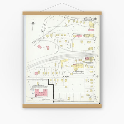 Old map wall art mockup — magnetic wood frame on white wall — Sanborn Fire Insurance Map from Wadsworth, Medina County, Ohio (1923), Sheet #0010