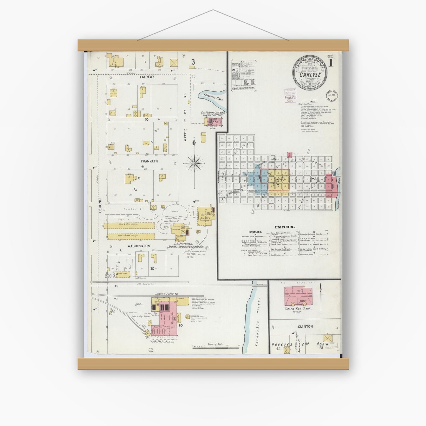 Old map wall art mockup — magnetic wood frame on white wall — Sanborn Fire Insurance Map from Carlyle, Clinton County, Illinois (1902), Sheet #0001