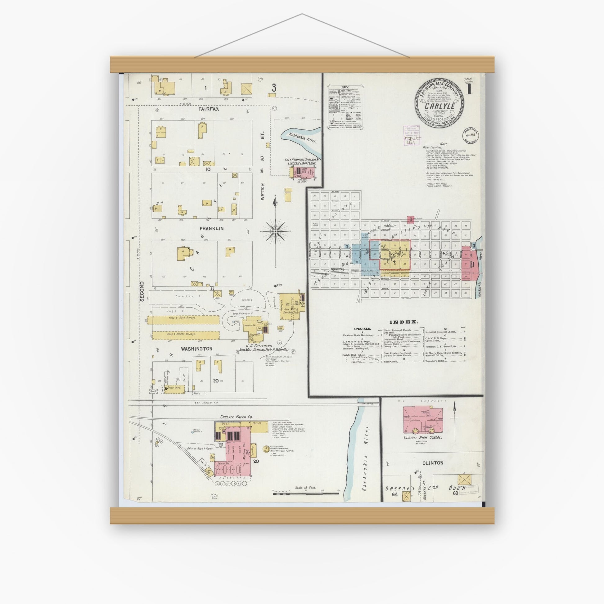 Old map wall art mockup — magnetic wood frame on white wall — Sanborn Fire Insurance Map from Carlyle, Clinton County, Illinois (1902), Sheet #0001
