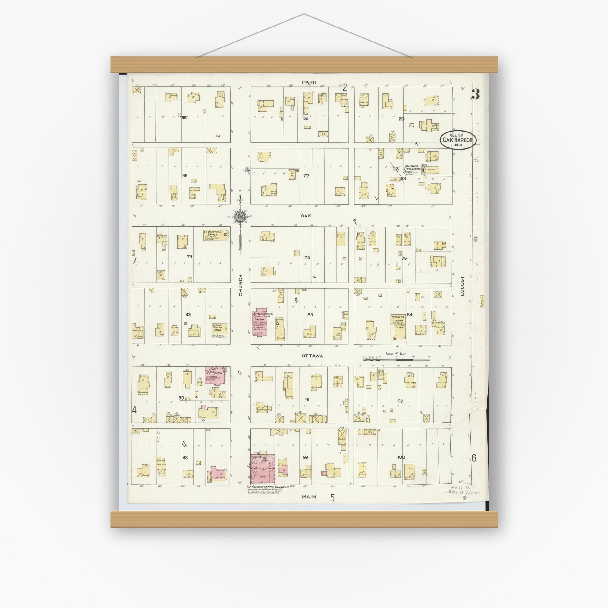 Old map wall art mockup — magnetic wood frame on white wall — Sanborn Fire Insurance Map from Oak Harbor, Ottawa County, Ohio (1910), Sheet #0003