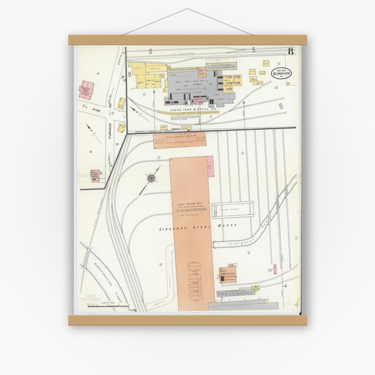 Old map wall art mockup — magnetic wood frame on white wall — Sanborn Fire Insurance Map from Burnham, Mifflin County, Pennsylvania (1910), Sheet #0008