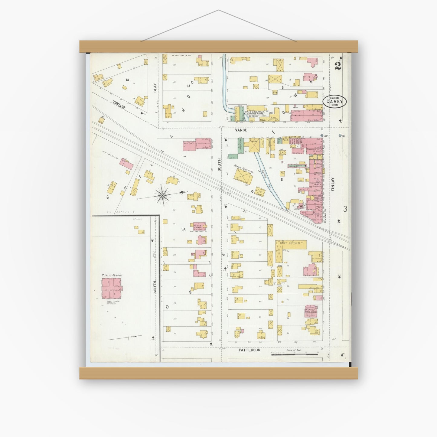 Old map wall art mockup — magnetic wood frame on white wall — Sanborn Fire Insurance Map from Carey, Wyandot County, Ohio (1900), Sheet #0002