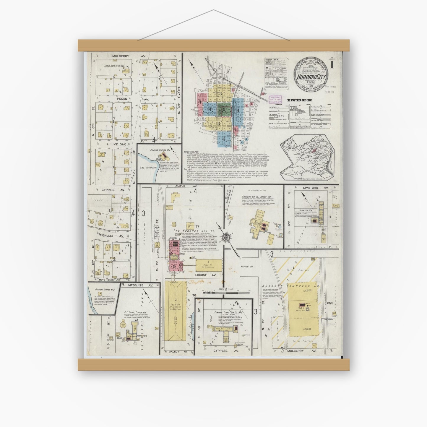 Old map wall art mockup — magnetic wood frame on white wall — Sanborn Fire Insurance Map from Hubbard, Hill County, Texas (1916), Sheet #0001