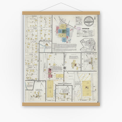 Old map wall art mockup — magnetic wood frame on white wall — Sanborn Fire Insurance Map from Hubbard, Hill County, Texas (1916), Sheet #0001