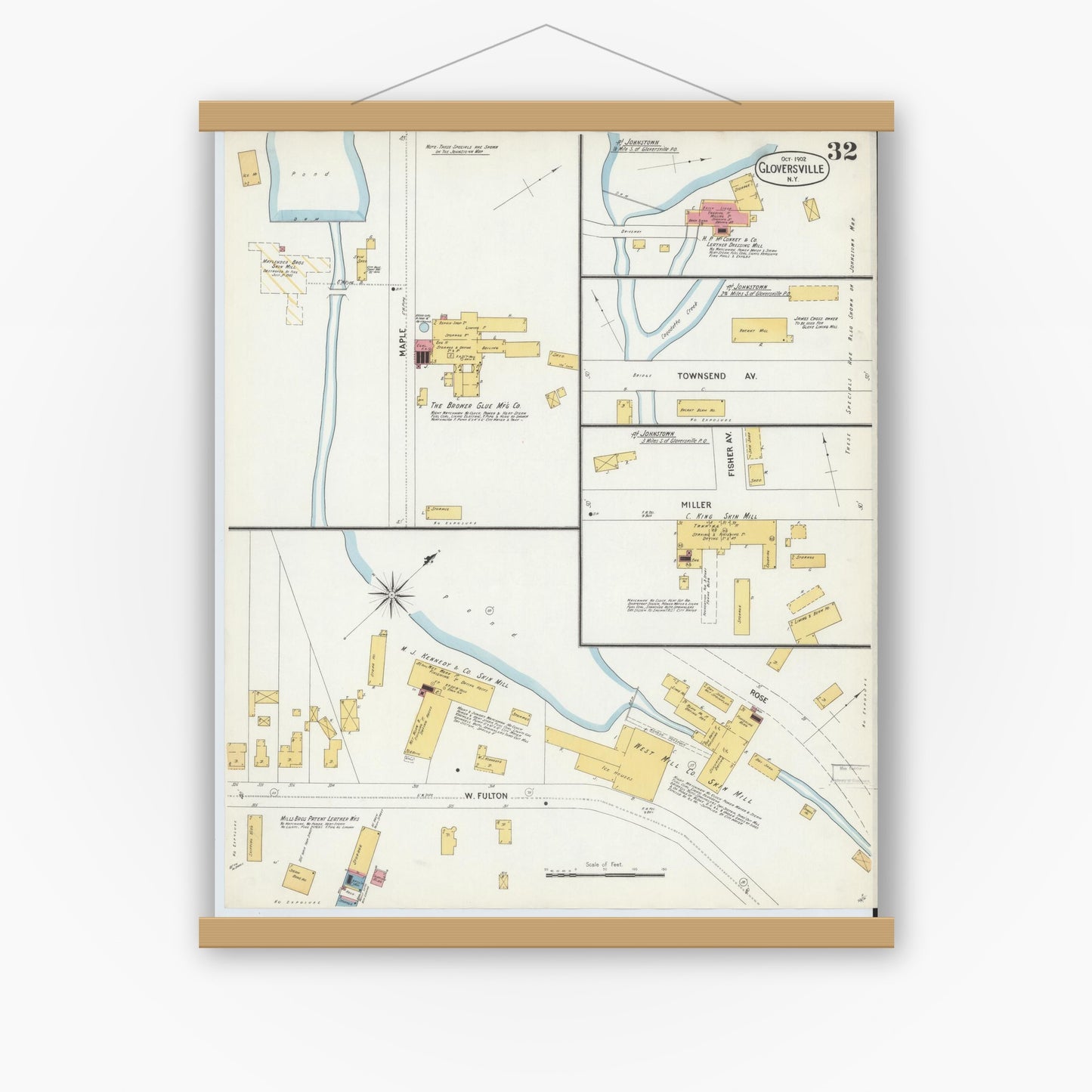 Old map wall art mockup — magnetic wood frame on white wall — Sanborn Fire Insurance Map from Gloversville, Fulton County, New York (1902), Sheet #0032