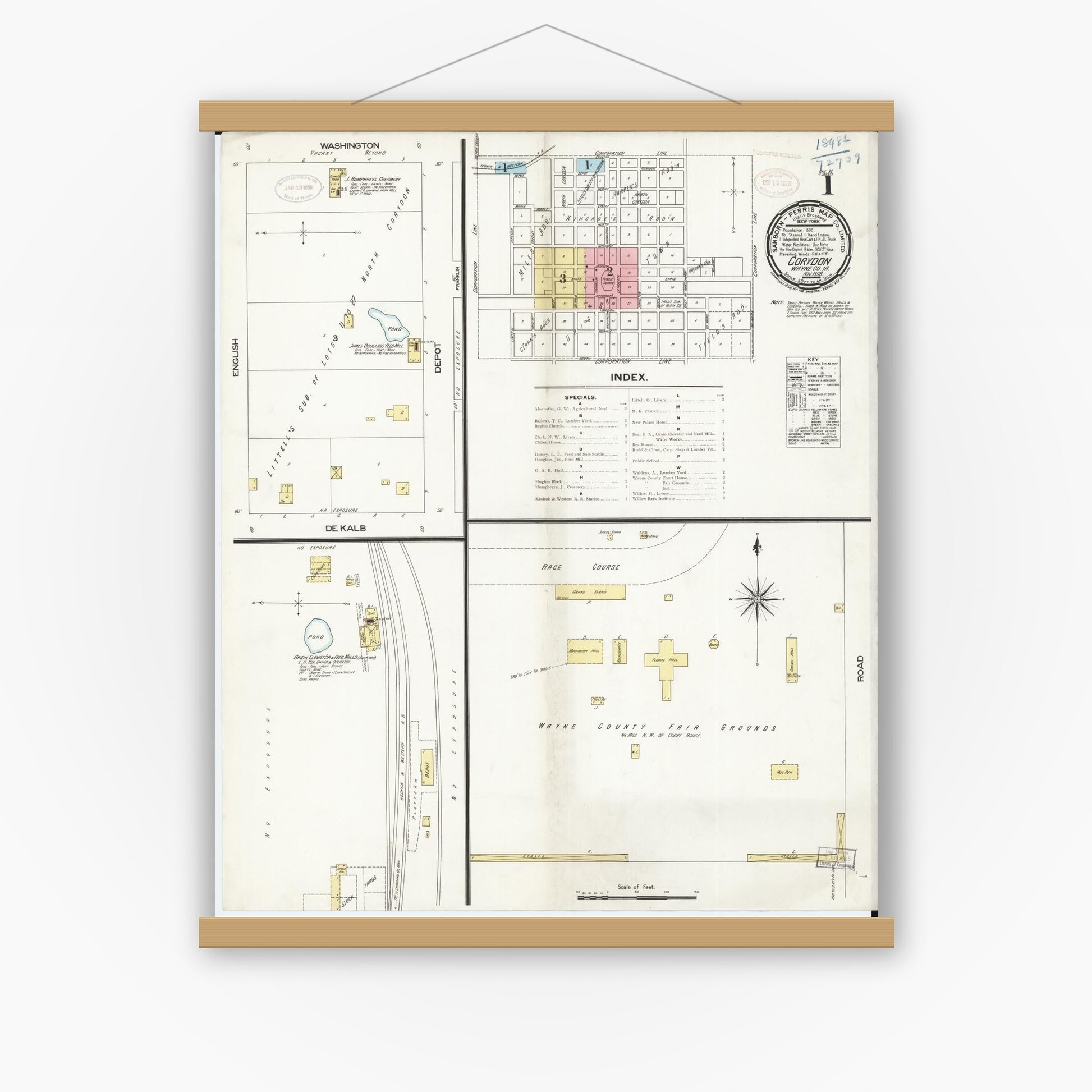 Old map wall art mockup — magnetic wood frame on white wall — Sanborn Fire Insurance Map from Corydon, Wayne County, Iowa (1898) â€” Complete Set