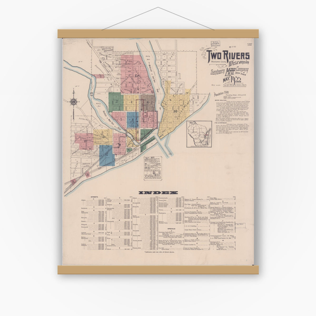 Old map wall art mockup — magnetic wood frame on white wall — Sanborn Fire Insurance Map from Two Rivers, Manitowoc County, Wisconsin (1922) - Complete Map Set