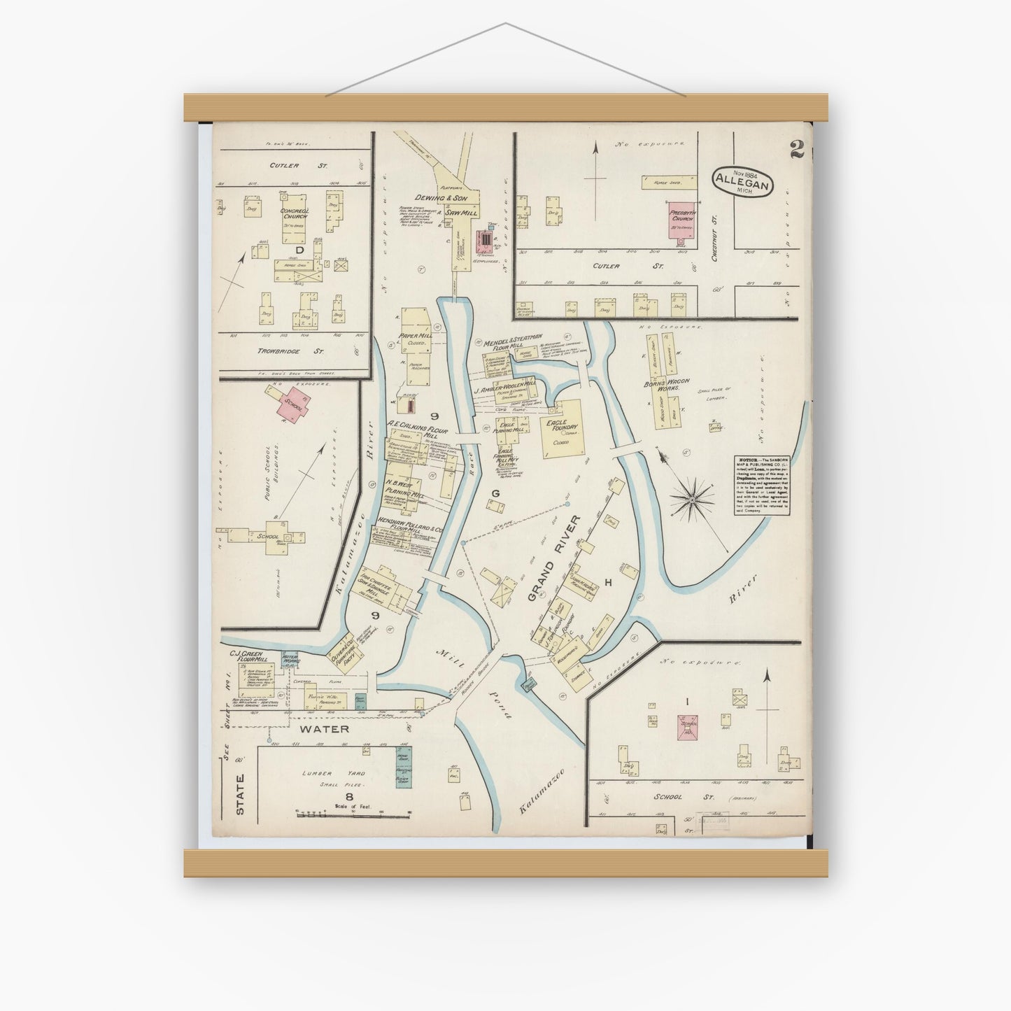 Old map wall art mockup — magnetic wood frame on white wall — Sanborn Fire Insurance Map from Allegan, Allegan County, Michigan (1884), Sheet #0002