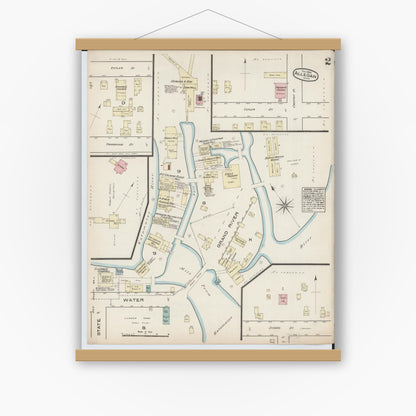 Old map wall art mockup — magnetic wood frame on white wall — Sanborn Fire Insurance Map from Allegan, Allegan County, Michigan (1884), Sheet #0002
