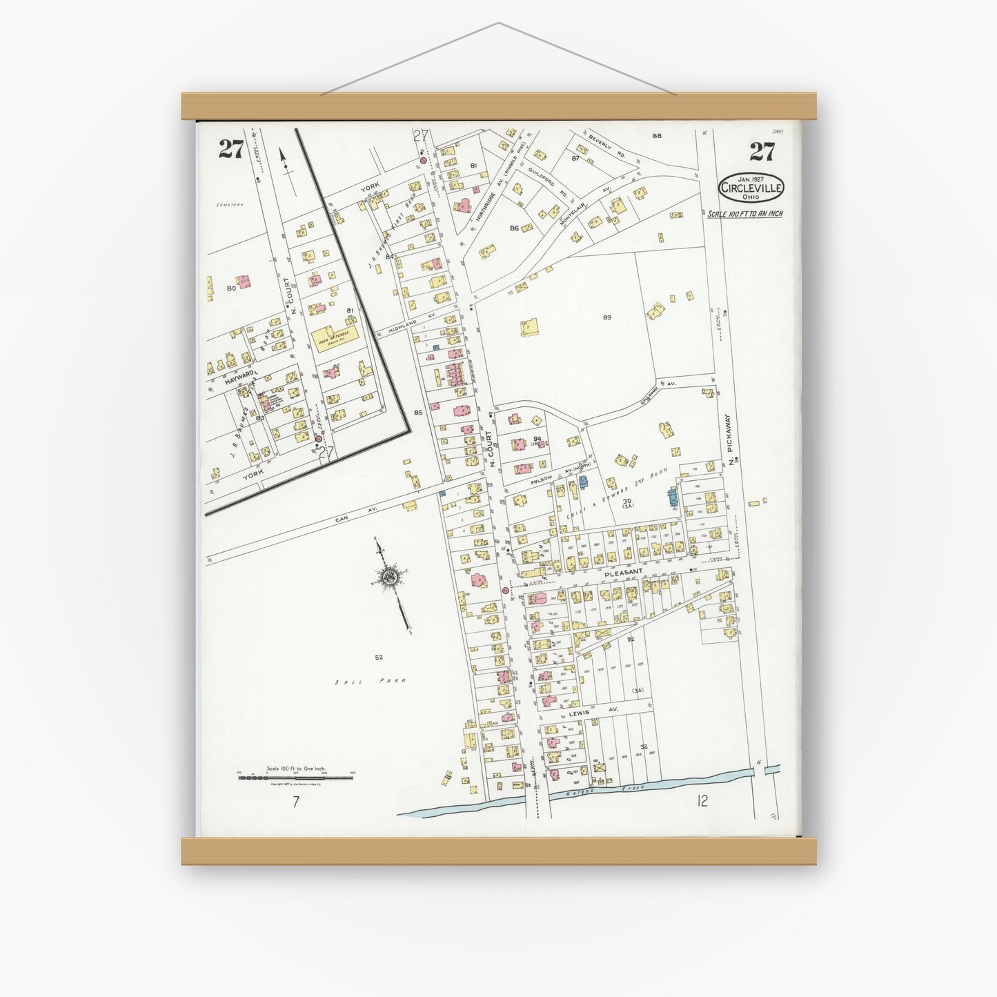 Old map wall art mockup — magnetic wood frame on white wall — Sanborn Fire Insurance Map from Circleville, Pickaway County, Ohio (1927), Sheet #0027
