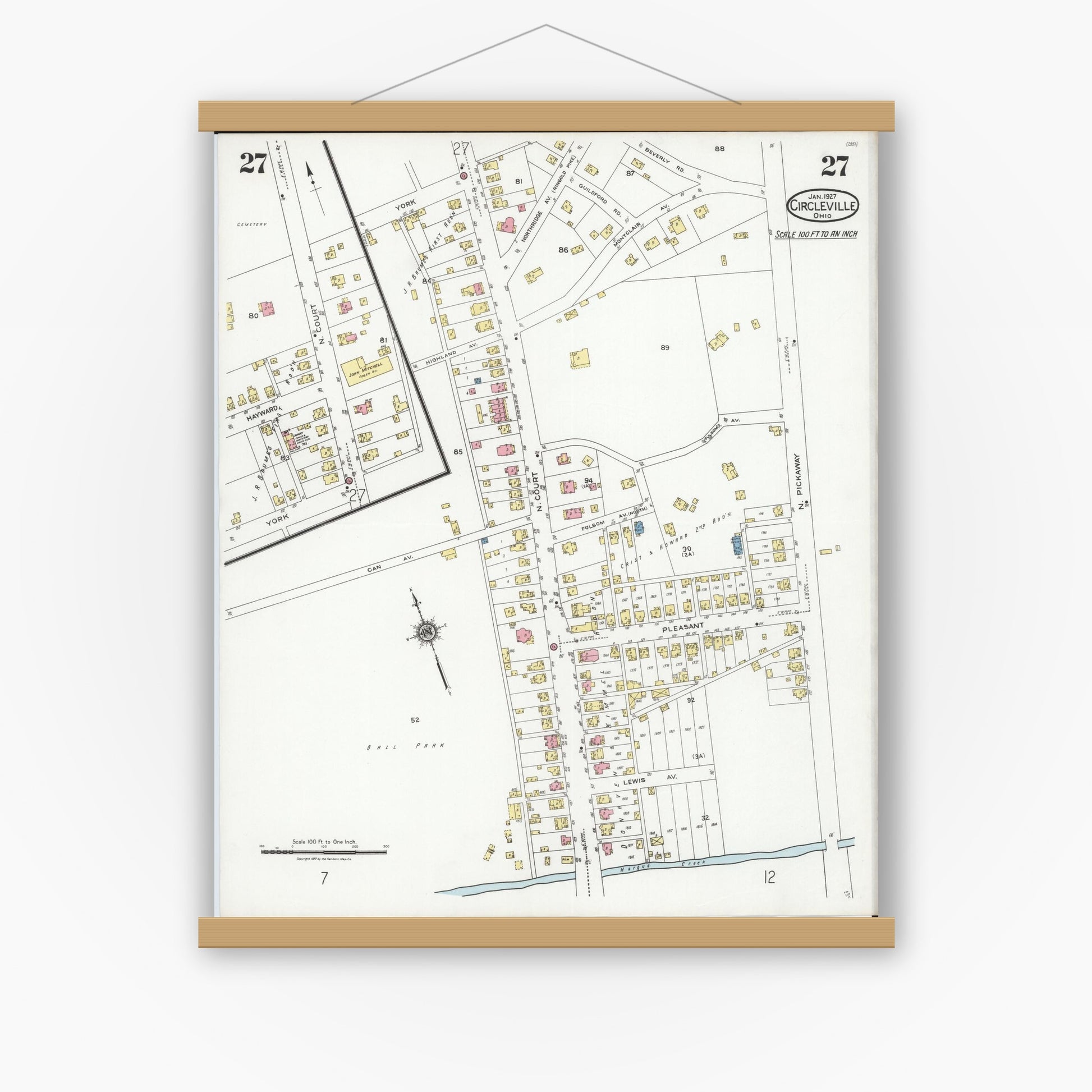 Old map wall art mockup — magnetic wood frame on white wall — Sanborn Fire Insurance Map from Circleville, Pickaway County, Ohio (1927), Sheet #0027