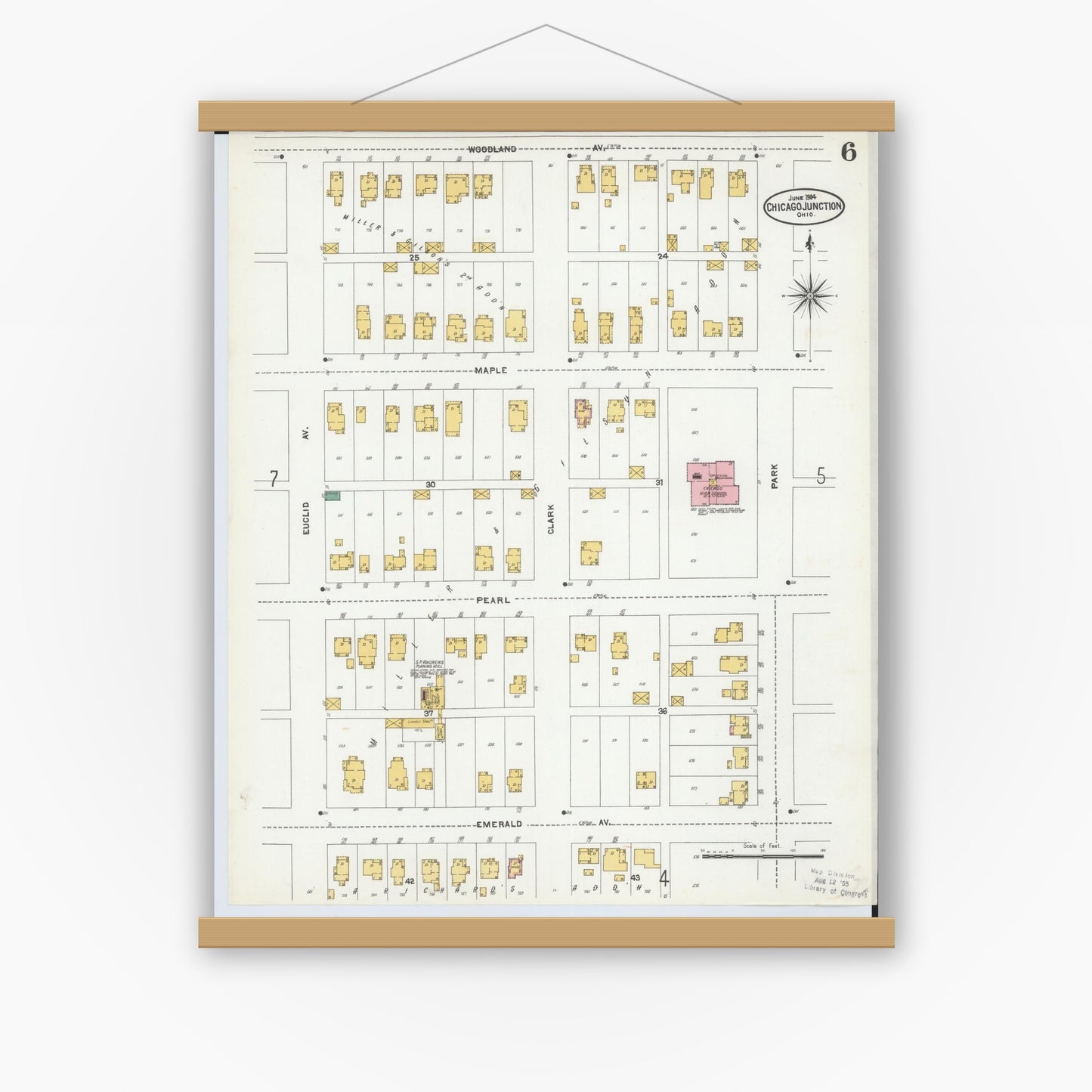 Old map wall art mockup — magnetic wood frame on white wall — Sanborn Fire Insurance Map from Chicago Junction, Huron County, Ohio (1904), Sheet #0006