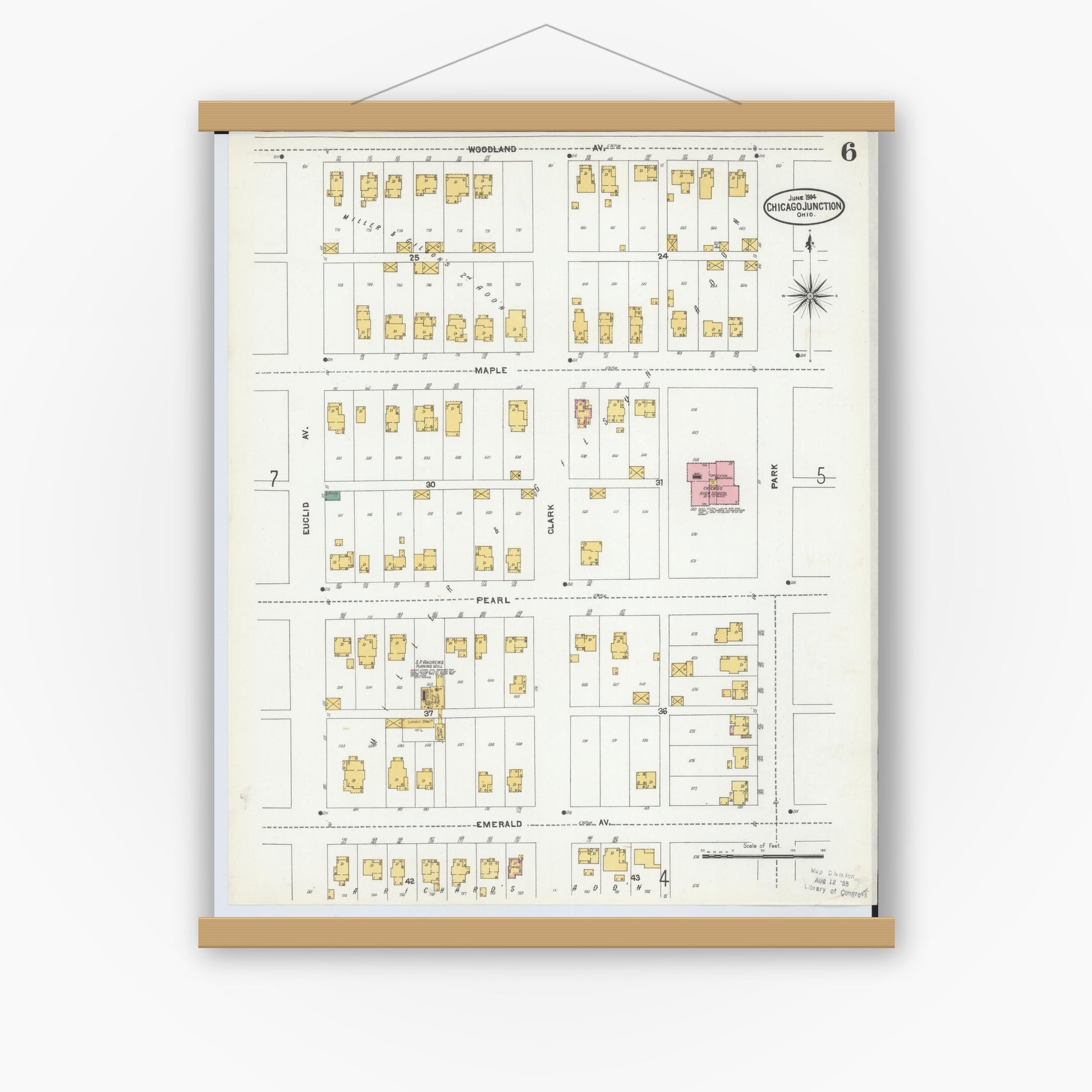 Old map wall art mockup — magnetic wood frame on white wall — Sanborn Fire Insurance Map from Chicago Junction, Huron County, Ohio (1904), Sheet #0006