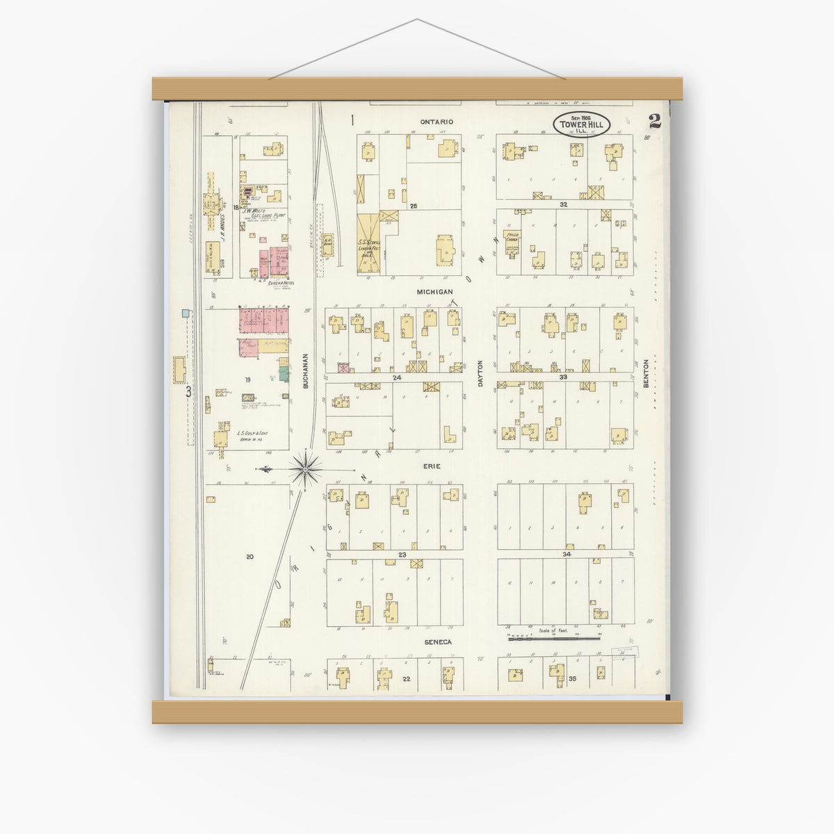 Old map wall art mockup — magnetic wood frame on white wall — Sanborn Fire Insurance Map from Tower Hill, Shelby County, Illinois (1906), Sheet #0002